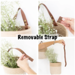 tan rope basket is shown in different configurations with the leather hook-type strap on the edge removeable.